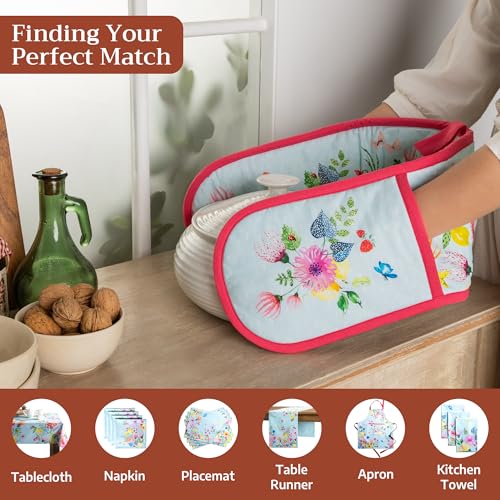 Double Oven Mitts 100% Cotton Double Oven Glove (093 - Jardin D'ete - Mint / 7" x 35" (Double Oven Mitt))