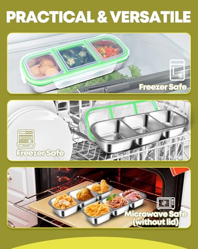 2 Pack Stainless Steel Snack Containers (3 compartment Orange Green)