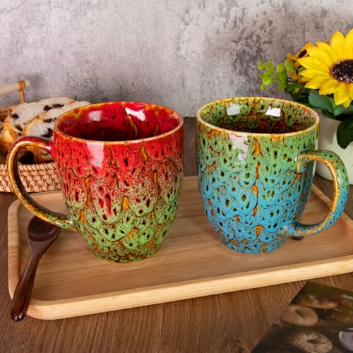 16 oz Ceramic Coffee Mugs Set of 2 (Green & Blue, Red & Green)