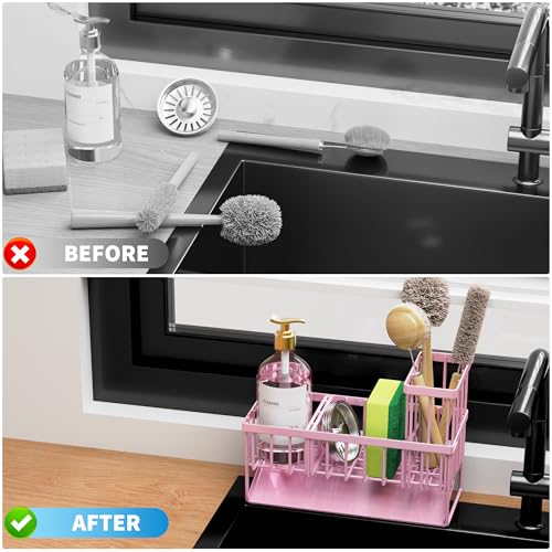 Pink Kitchen Sink Caddy Organzier with High Brush Holder