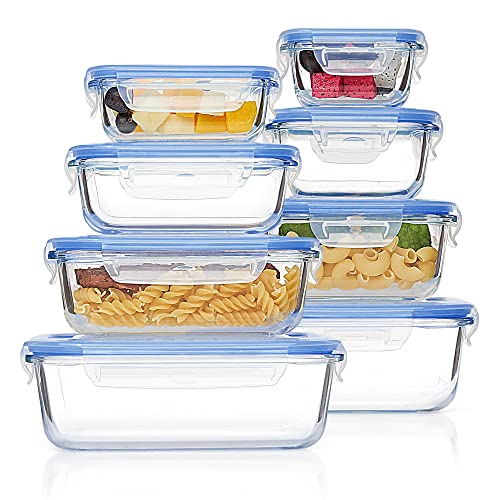 8 Pack Glass Food Storage Containers with Airtight Lids (Blue)