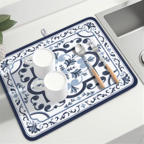 Navy Flower Dish Drying Mat Modern Boho Microfiber Dishes Drainer Pad 18x24 Inch Absorbent Fast Dry Dish Rack Mat for Kitchen Counter Sink (Boho Navy Floral / 18x24 inch)