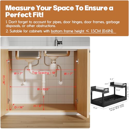 1 Pack-19"-32"W Expandable Under Sink Organizer With Upgrade Ball-Bearing Slide,2-Tier Pull Out Under Cabinet Organizer Height Adjustable,Not Suitable For Cabinets With Partitions In The Middle (1 Pack-19"-32"W / Black)
