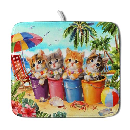 Summer Dish Drying Mat for Kitchen Counter 18 X 16 in Cute Cat Beach (Lovely Cat Blue / 18" x 16")
