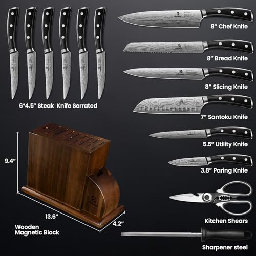 15 PC Magnetic Knife Sets for Kitchen with Block