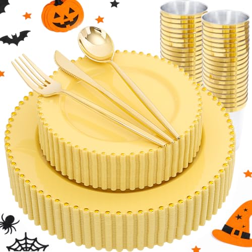 180PCS Yellow Gold Plastic Plates Set for 30 Guests Wedding Party (Yellow and Gold Plastic Dinnerware Set / 180PCS)