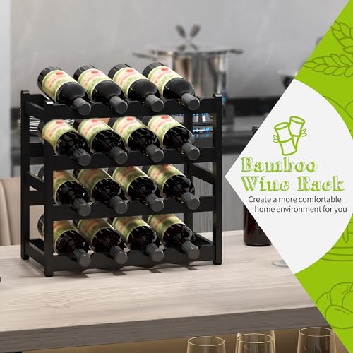 Bamboo Wine Rack Wine Storage Cabinet Shelf 16 Bottle Wine Racks Countertop Sturdy for Kitchen Dining Room Pantry (Black / 4 Tier)