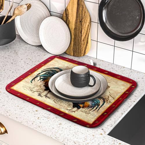 Farm Rooster Dish Drying Mat for Countertop 16x18 Inches Red Rustic Chicken Absorbent Microfiber Dry Dishes Pads Kitchen Counter Accessories (Red Rooster / 16" x 18")