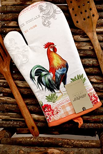 Oven Mitts Set of 1 Quilted Liner with Hanging Loop Non Slip (7x13 inches / Farm Rooster)