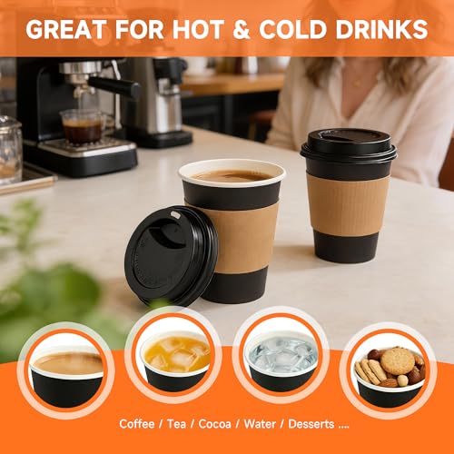 500 Pack 12 oz Disposable Coffee Cups with Lids and Sleeves (Black / 12 oz)