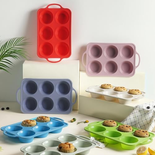 2 Packs 6 Cups Silicone Muffin Pan with Metal Reinforced Frame Jumbo Size Cupcake Pan Tray Egg Bites Silicone Circle Cookie Molds Muffin Tin Tart Pans Large Big Baking Sheet Set for Breakfast (2pc: 6-Cup Jumbo / Red)