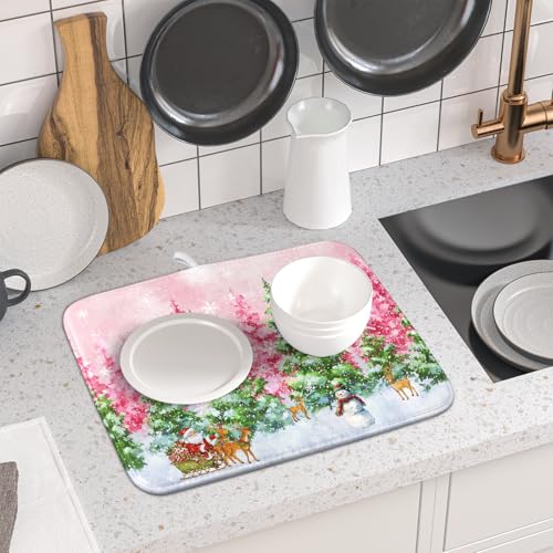Pink Christmas Dish Drying Mat for Kitchen Counter Absorbent Dish Dry Pad (Winter Forest Colorful / 18" x 16")