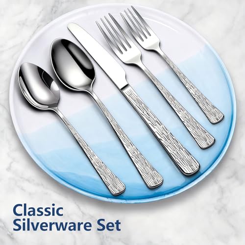 60Piece Hammered Silverware Set (60Pcs Tree Pattern Handles)