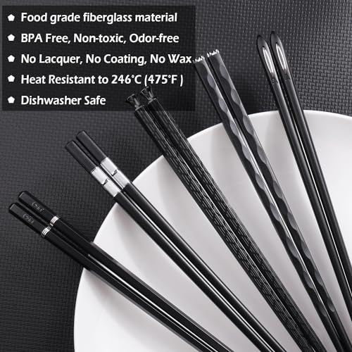 5 Pairs Premium Chopsticks Reusable Dishwasher Safe 9.5 Inch Fiberglass Chop Sticks Gift Set Non Slip Black + Silver (Black + Silver)