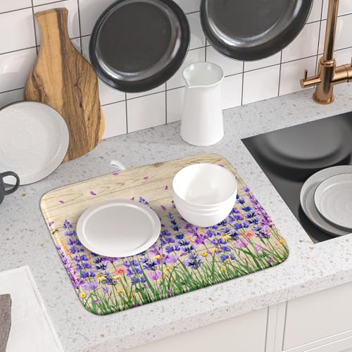 Lavender Floral Dish Drying Mat 16x18 inch Spring Summer Flower Decorative Fast Dry Dishes Drainer Mats Reversible Washable Dish Rack Pad (Lavender Floral / 16" x 18")