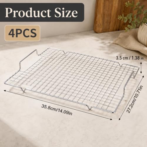 4 Pack Heavy Duty Wire Cooking Rack Baking Racks with Handle 14.1" x 10.7" (Silver)