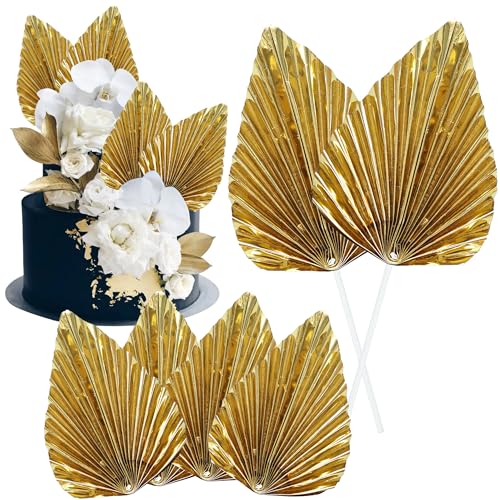 6Pcs Paper Palm Fan Cake Toppers Palm Spear Leaves Fan Cupcake Toppers Cake Insert Decorations Craft DIY Cake Bakeware Decoration for Birthday Party Wedding Party Decor Supplies Light Gold (Light Gold)