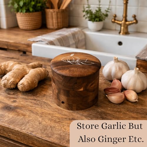 The Garlic Shack Acacia Wood Garlic Keeper For Counter With Lid 4 Inch (Regular)