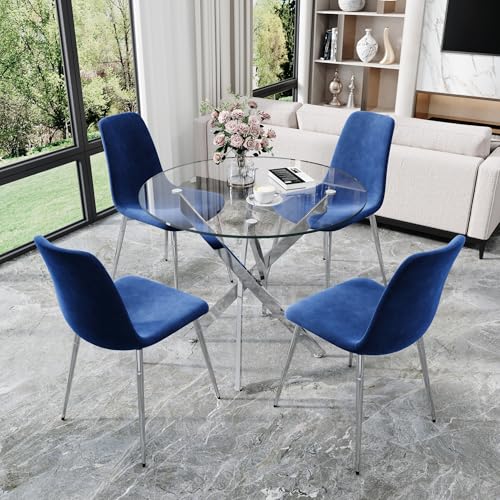 36" Round Glass Dining Table Set for 4 (Silver Round Table/Blue Velvet Chairs / 5 Pieces)