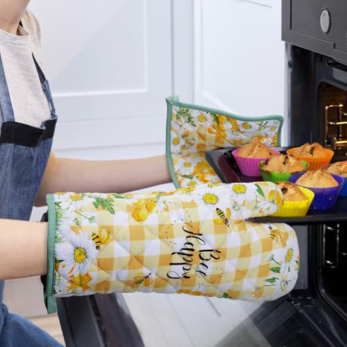 Bee Daisy Oven Mitts and Pot Holders Set (Bee Daisy / Oven Mitt x2 & Pot Holder x2)