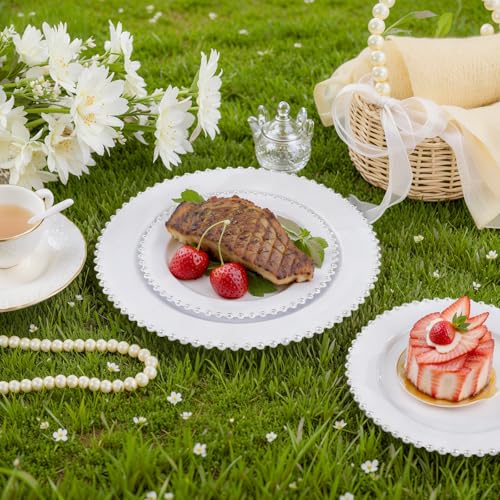 100pcs White Plastic Plates with Silver Beads for Bridal Showers (Silver and White Plastic Plates / 100PCS)