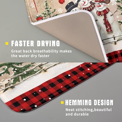 Winter Snowman Dish Drying Mat 16x18 Inch Red Buffalo Plaid Holiday Dish Drainer Mat Absorbent Dish Rack Pad for Kitchen Counter Sink Decor (Winter Snowman Bell / 16" x 18")