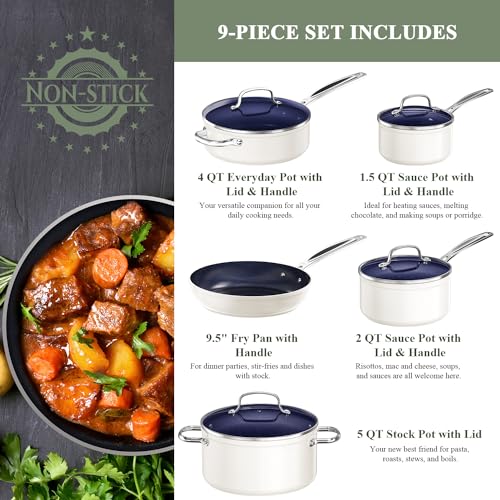 9pc Cookware Set Healthy Duralon Blue Ceramic Nonstick Coated (9 Piece Cookware Set / Vanilla Cream)