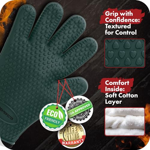 S Silicone Smoker BBQ Gloves (Dark Green / Small)
