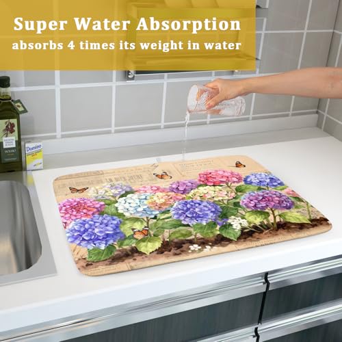 Vintage Flowers Dish Drying Mat Large 24 X18 Hydrangea Microfiber Drying Matt Kitchen Counter (Vintage Hydrangea Brown / 24" x 18")