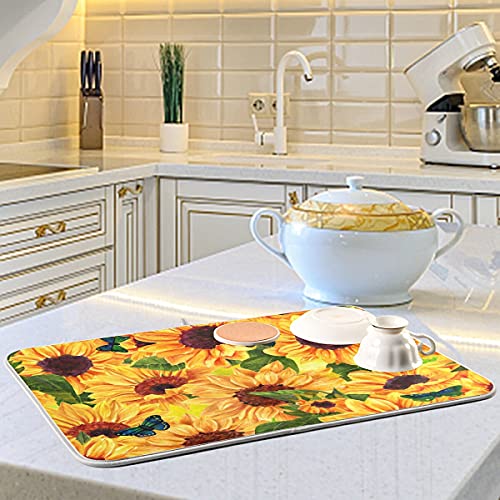 Super Absorbent Dish Drying Mat Microfiber Fast (Sunflowers Blue Butterflies / 18" x 24")