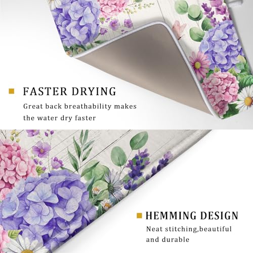 Hydrangea Floral Dish Drying Mat 18x24 inch Spring Summer Decorative Fast Dry Dishes Draining Mats Absorbent Microfiber Drainer Rack Pad (Hydrangea Floral / 18" x 24")