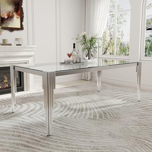 78'' Modern Glass Dining Table for 6 (Silver-clear / Rectangle-78.74" L x 39.37" W x 29.53" H)