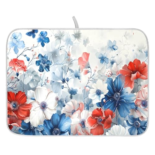 4th of July Patriotic Blue Red White Flowers Dish Drying Mat for Kitchen Counter Absorbent Microfiber Large Independence Day Drying Pad Dish Mats for Kitchen Countertops 18 x 24 Inch (24" x 18")