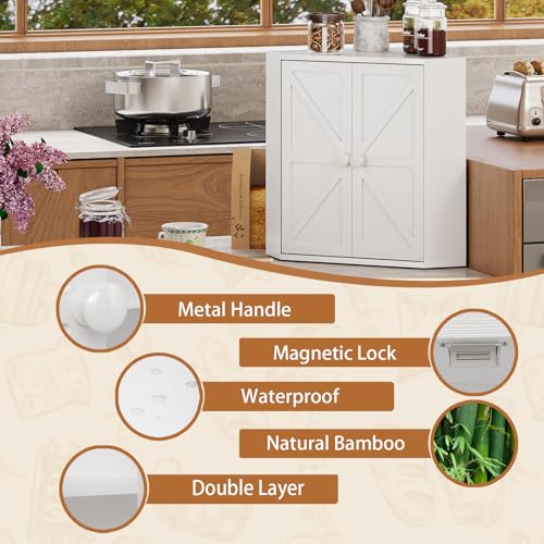 Corner Bread Box for Kitchen Counter Double Layer Bamboo Bread Storage Container Large Capacity Bread Storage Bin Farmhouse Breadbox Organizer (White)