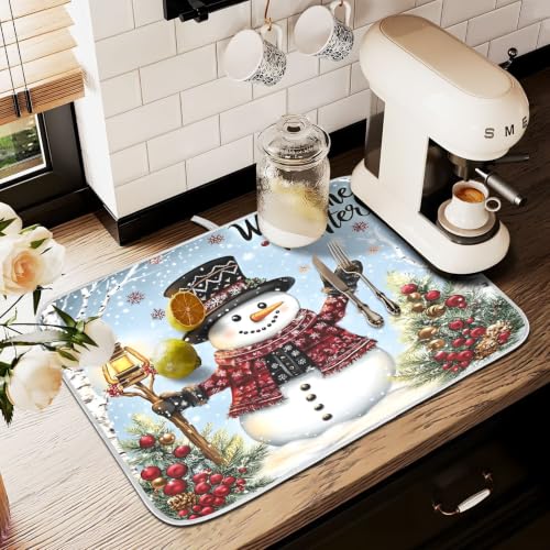 Winter Snowman Christmas Dish Drying Mat for Kitchen Counter Absorbent Microfiber Large Drying Pad Dish mats for Kitchen Countertops 18 x 24 Inch (Winter Snowman / 24" x 18")