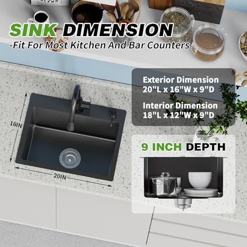 Black 20x16 In Kitchen And Bar Sink (20x16 Black)