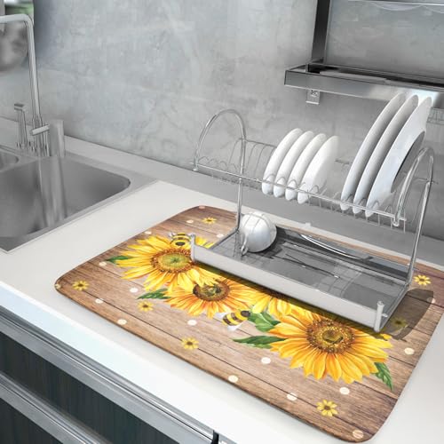 Sunflower Bee Dish Drying Mat for Kitchen Counter Home 18x24 Inch Wood Barn Microfiber Drainer Rack Mats Washable Absorbent Dish Dry Pad (Sunflower Bee Wood / 24" x 18")