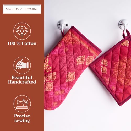 100% Cotton Oven Mitt & Pot Holder Set (045 - Versailles / 7.5" x 13" & 8" x 8" (Oven Mitt & Pot Holder))