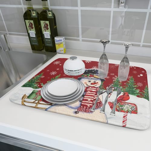 Winter Snowman Dish Drying Mat Red Bird Microfiber Dish Pad 18x24 Inch Absorbent Fast Dry Dishes Draining Mats Holiday Kitchen Accessories (Red Winter Snowman / 18" x 24")