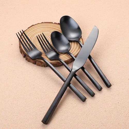 Matte Silverware Set Black Flatware Set with Hexagon Handle 20 Pieces 18 (Matte Black)