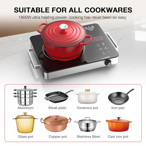 Electric Cooktop Portable Stove Single Burner 1800W Hot Plate Timer (Silver Single Burner)