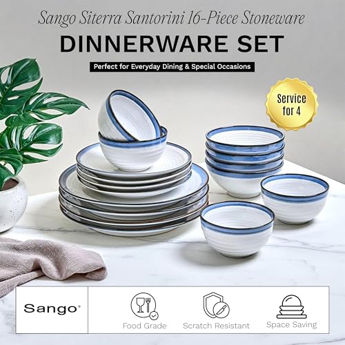 Siterra Santorini 16 (Rustic White with Blue Rim / 16-Piece Set)