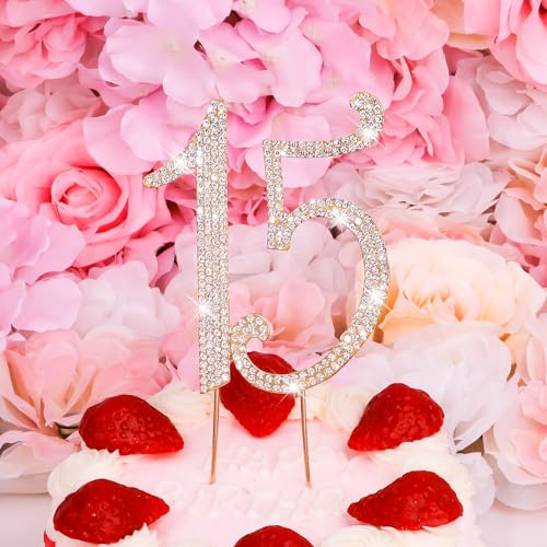 Gold 15th Birthday Cake Topper Rhinestones Cake Decorations for 15th Birthday Party (15th- Gold)