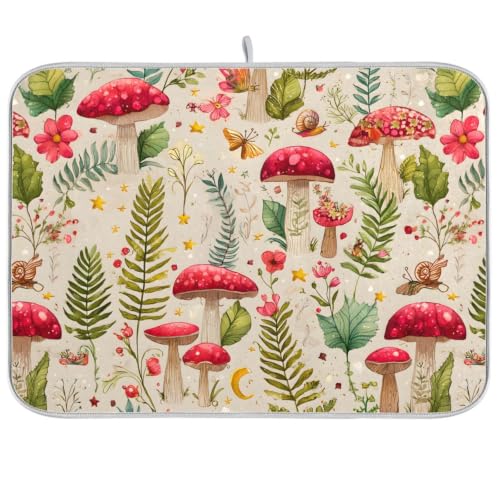 Mushroom Forest Fern Leaves Dish Drying Mat for Kitchen Counter Absorbent Microfiber Drying Pad (16" x 18")