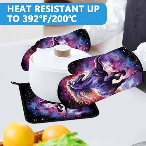 Horse Purple Galaxy Space Oven Mitts and Pot Holders Sets Heat Resistant 4Pcs Potholders Oven Gloves Hot Pads for Kitchen Baking Cooking Grilling BBQ (Horse Galaxy Space)
