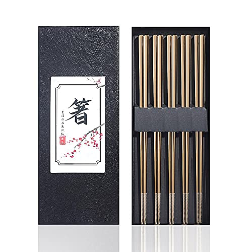 Metal Chopsticks Reusable Titanium Plated Stainless Steel Japanese Korean for Food & Cooking 9.5Inch Non (Gold)