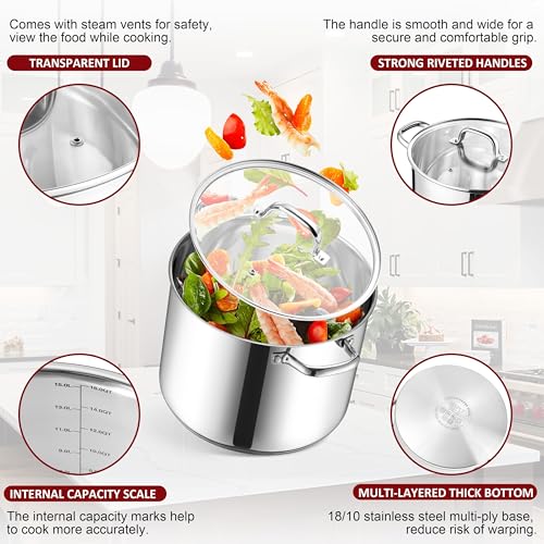 16-Quart 18/10 Stainless Steel Stock Pot with Lid, Large Heavy Duty Soup Pot Compatible with Electric, Gas, Induction and Gas Cooktops, Non-Toxic & Corrosion Resistant, Dishwasher Safe (16 Quarts)