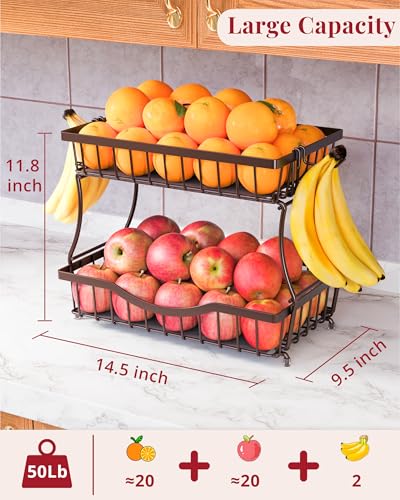 Large 2 Tier Fruit Basket for Kitchen Counter with 2 Banana Hangers (Bronze)