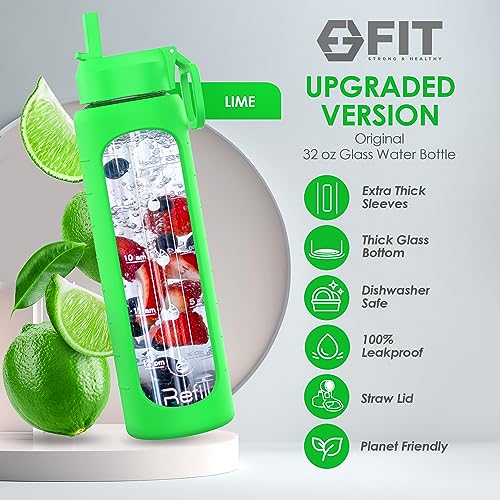 32 oz Glass Water Bottle with Straw Lid (Lime Sleeve)