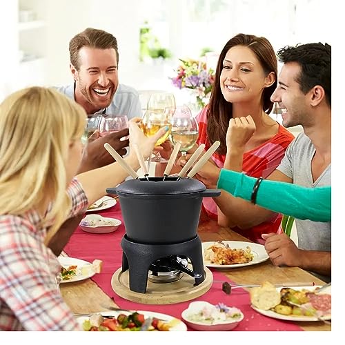 Traditional Fondue Set Matte black enameled cast iron fondue for Taditional swiss fondue 12 pcs fondue pot. for Meat